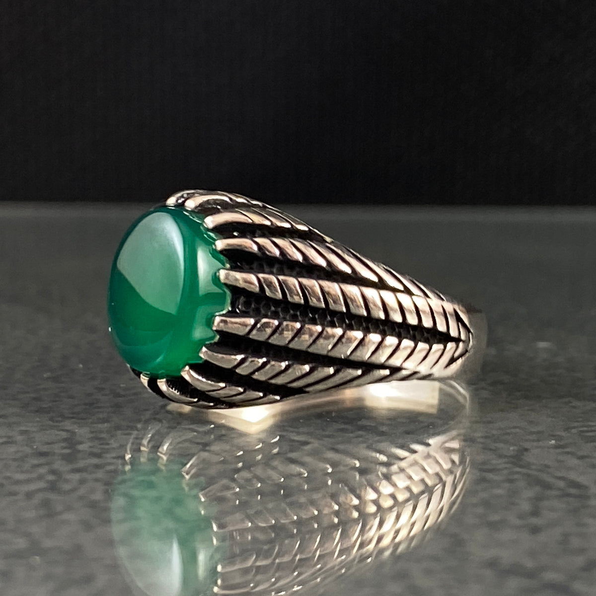 Minimalist Green Agate Stone 925 Sterling Silver Handmade Ring