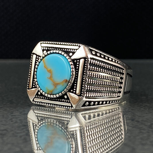 Original 925 Sterling Silver Turquoise Stone Men Ring