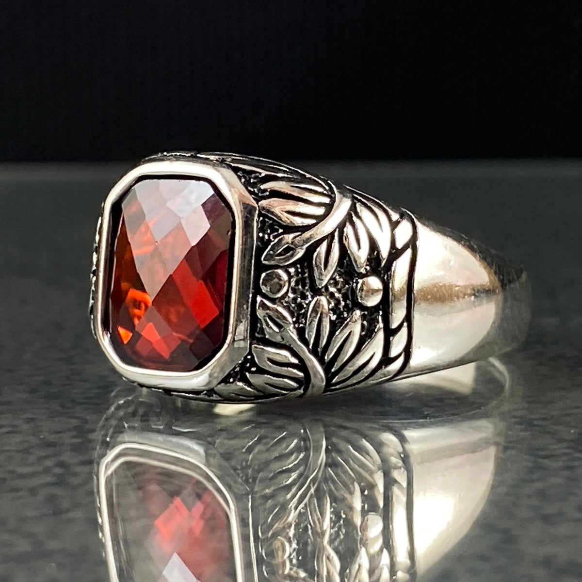 Hand Engraved Red Ruby Stone 925 Sterling Silver Ring