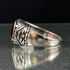 Hand Engraved Red Ruby Stone 925 Sterling Silver Ring