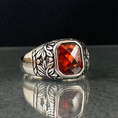 Hand Engraved Red Ruby Stone 925 Sterling Silver Ring