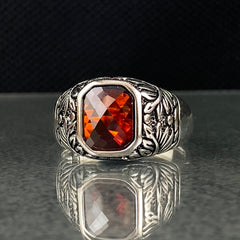 Hand Engraved Red Ruby Stone 925 Sterling Silver Ring