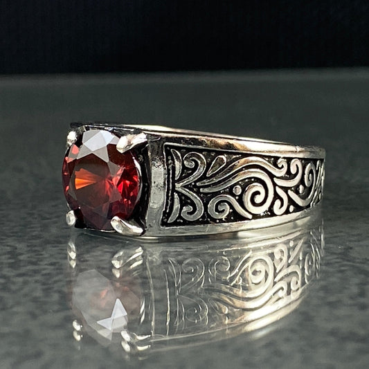 Minimalist Hand Engraved Red Ruby Stone 925 Solid Silver Ring