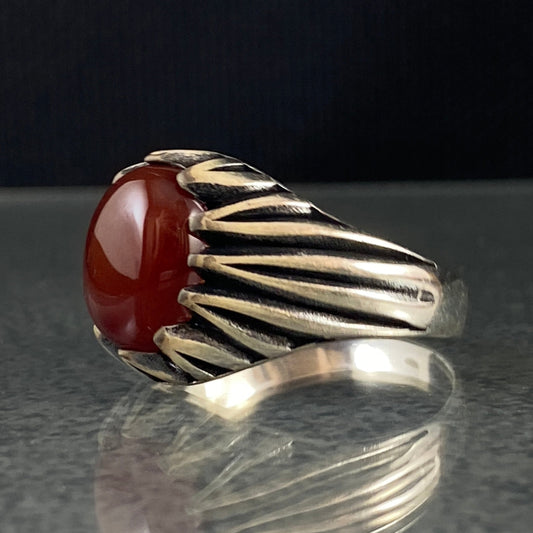 Minimalist Classic Natural Red Agate Stone 925 Sterling Silver Handmade Men Ring