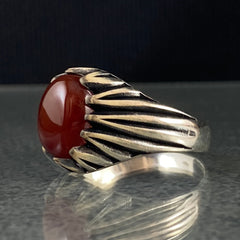 Minimalist Classic Natural Red Agate Stone 925 Sterling Silver Handmade Men Ring