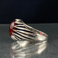 Minimalist Classic Natural Red Agate Stone 925 Sterling Silver Handmade Men Ring