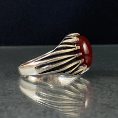 Minimalist Classic Natural Red Agate Stone 925 Sterling Silver Handmade Men Ring