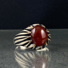 Minimalist Classic Natural Red Agate Stone 925 Sterling Silver Handmade Men Ring