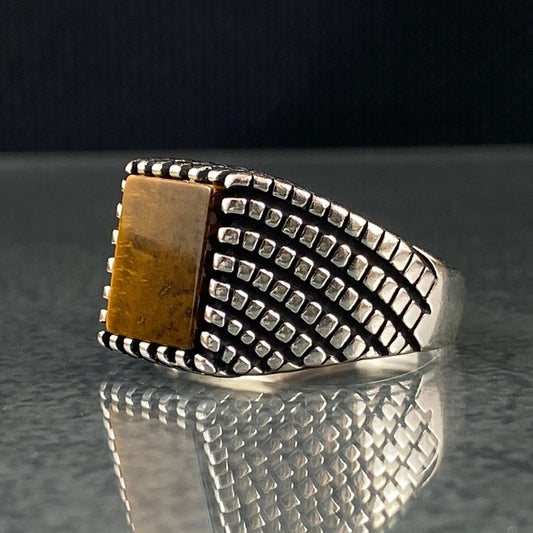 Square Brown Tiger Eye Stone 925 Sterling Silver Handmade Men Ring