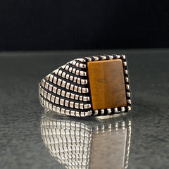 Square Brown Tiger Eye Stone 925 Sterling Silver Handmade Men Ring