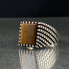 Square Brown Tiger Eye Stone 925 Sterling Silver Handmade Men Ring