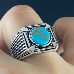 Original 925 Sterling Silver Turquoise Stone Men Ring