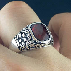 Hand Engraved Red Ruby Stone 925 Sterling Silver Ring