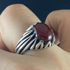 Minimalist Classic Natural Red Agate Stone 925 Sterling Silver Handmade Men Ring