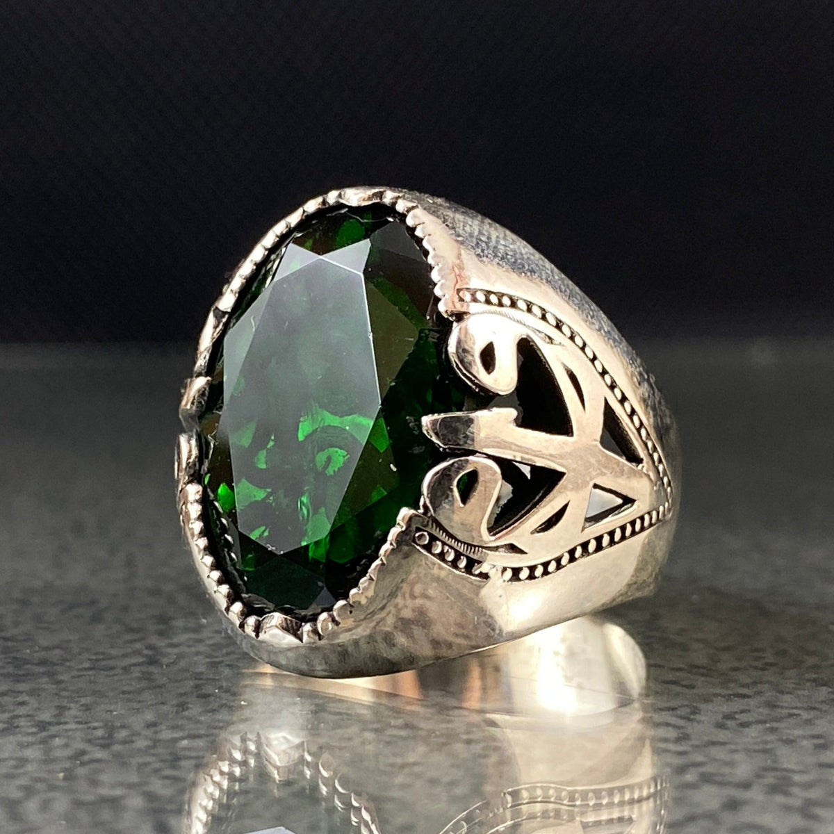 Green 925 Silver Arabic Calligraphy Elif Vav Muslim Ring