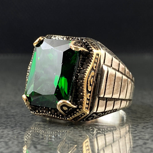 Green Emerald Stone 925 Silver Men Ring