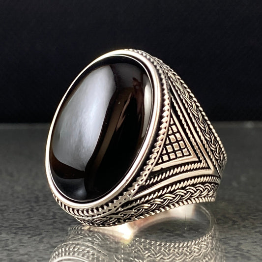 Oval Black Onyx Gemstone 925 Silver Men Ring