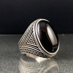 Oval Black Onyx Gemstone 925 Silver Men Ring