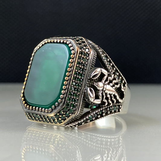 Scorpion Zodiac Green Agate Gemstone 925 Solid Silver Men Handmade Ring