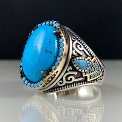 Oval Turquoise Gemstone 925 Solid Silver Men Handmade Ring