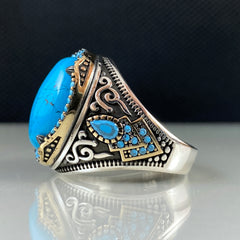 Oval Turquoise Gemstone 925 Solid Silver Men Handmade Ring