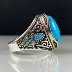 Oval Turquoise Gemstone 925 Solid Silver Men Handmade Ring