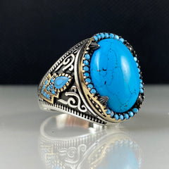 Oval Turquoise Gemstone 925 Solid Silver Men Handmade Ring