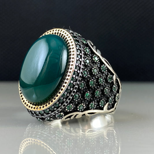 Green Agate Gemstone Classic Daily 925 Solid Silver Men Ring