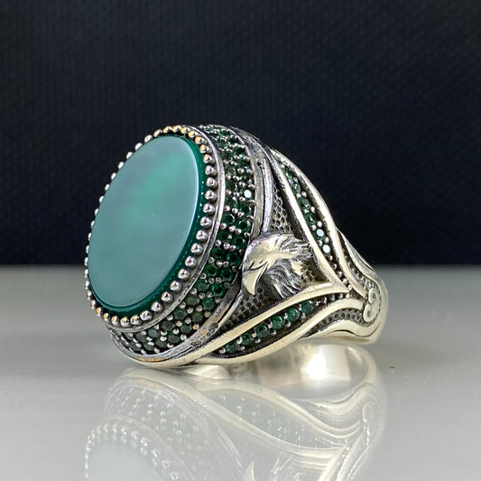 Eagle Head Green Agate Gemstone 925 Sterling Silver Men Ring