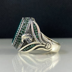 Eagle Head Green Agate Gemstone 925 Sterling Silver Men Ring