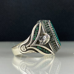 Eagle Head Green Agate Gemstone 925 Sterling Silver Men Ring