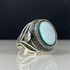 Eagle Head Green Agate Gemstone 925 Sterling Silver Men Ring