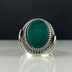 Eagle Head Green Agate Gemstone 925 Sterling Silver Men Ring