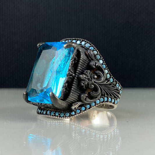 Aquamarine Gemstone 925 Sterling Silver Men Ring