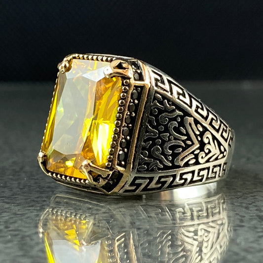 Citrine 925 Sterling Silver Yellow Stone Men Ring