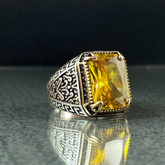 Citrine 925 Sterling Silver Yellow Stone Men Ring