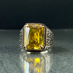 Citrine 925 Sterling Silver Yellow Stone Men Ring