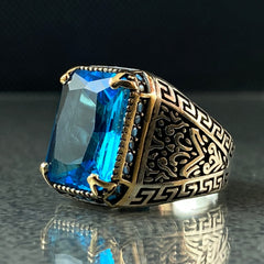 Aquamarine Stone Blue 925 Solid Silver Men Ring