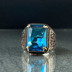 Aquamarine Stone Blue 925 Solid Silver Men Ring