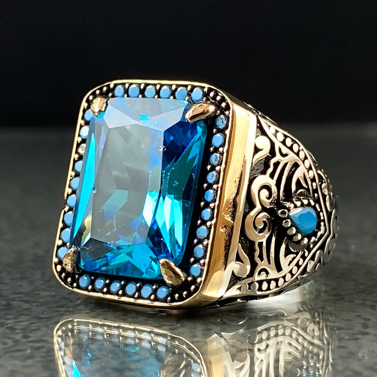 Blue Aquamarine 925 Solid Silver Men Ring