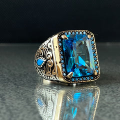 Blue Aquamarine 925 Solid Silver Men Ring