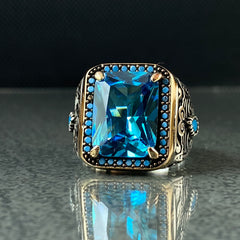 Blue Aquamarine 925 Solid Silver Men Ring