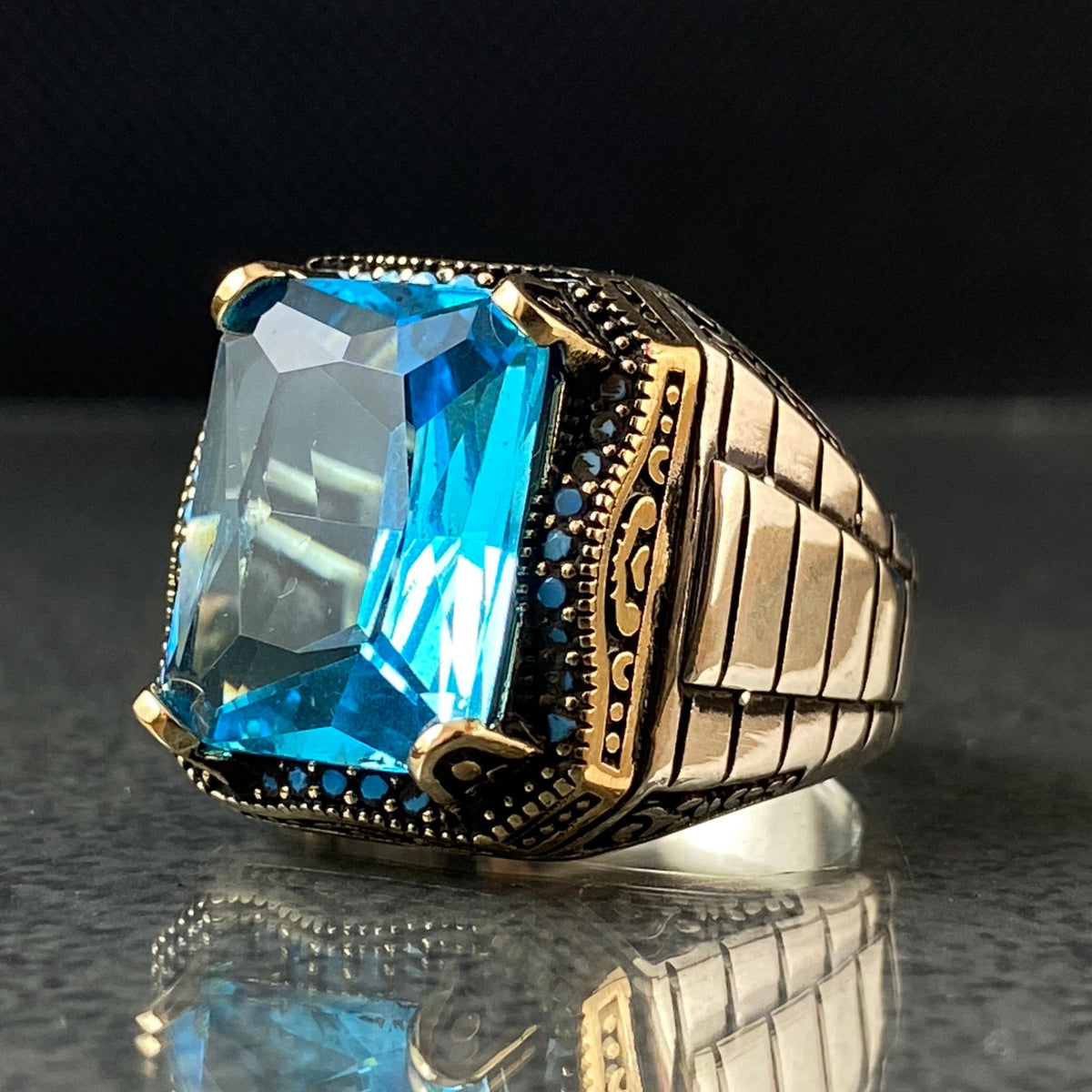 Blue Aquamarine Stone 925 Silver Men Ring