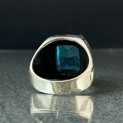 Blue Aquamarine Stone 925 Silver Men Ring