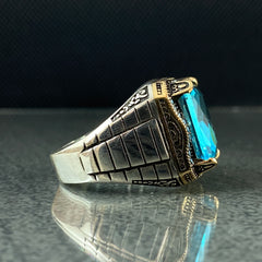 Blue Aquamarine Stone 925 Silver Men Ring