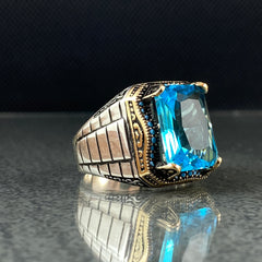 Blue Aquamarine Stone 925 Silver Men Ring