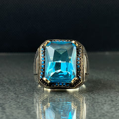 Blue Aquamarine Stone 925 Silver Men Ring