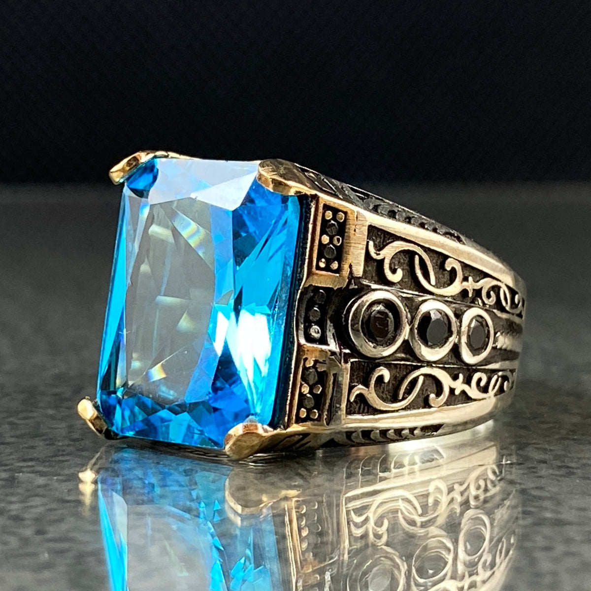 Aquamarine Gemstone 925 Solid Silver Men Ring