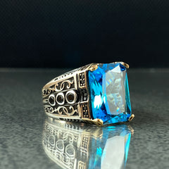 Aquamarine Gemstone 925 Solid Silver Men Ring