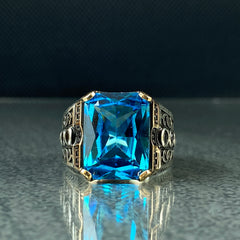 Aquamarine Gemstone 925 Solid Silver Men Ring